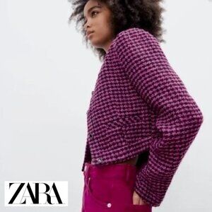 ZARA Pink Houndstooth Cropped Fitted Tweed Jacket Size M/S NEW with Tag